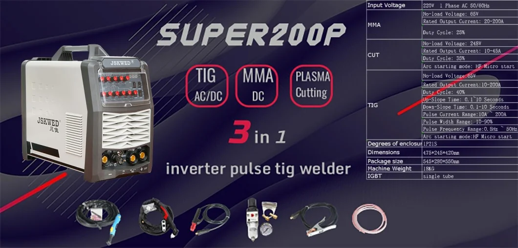 CE Approved Light Weight Super 200p Portable Inverter Pulse TIG Welding Machine with TIG Acdc/MMA/Plasma Cutting 3 in 1 Functions